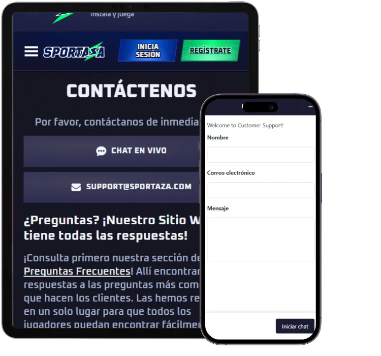 Sportaza casino página de contacto con chat en vivo y formulario de soporte